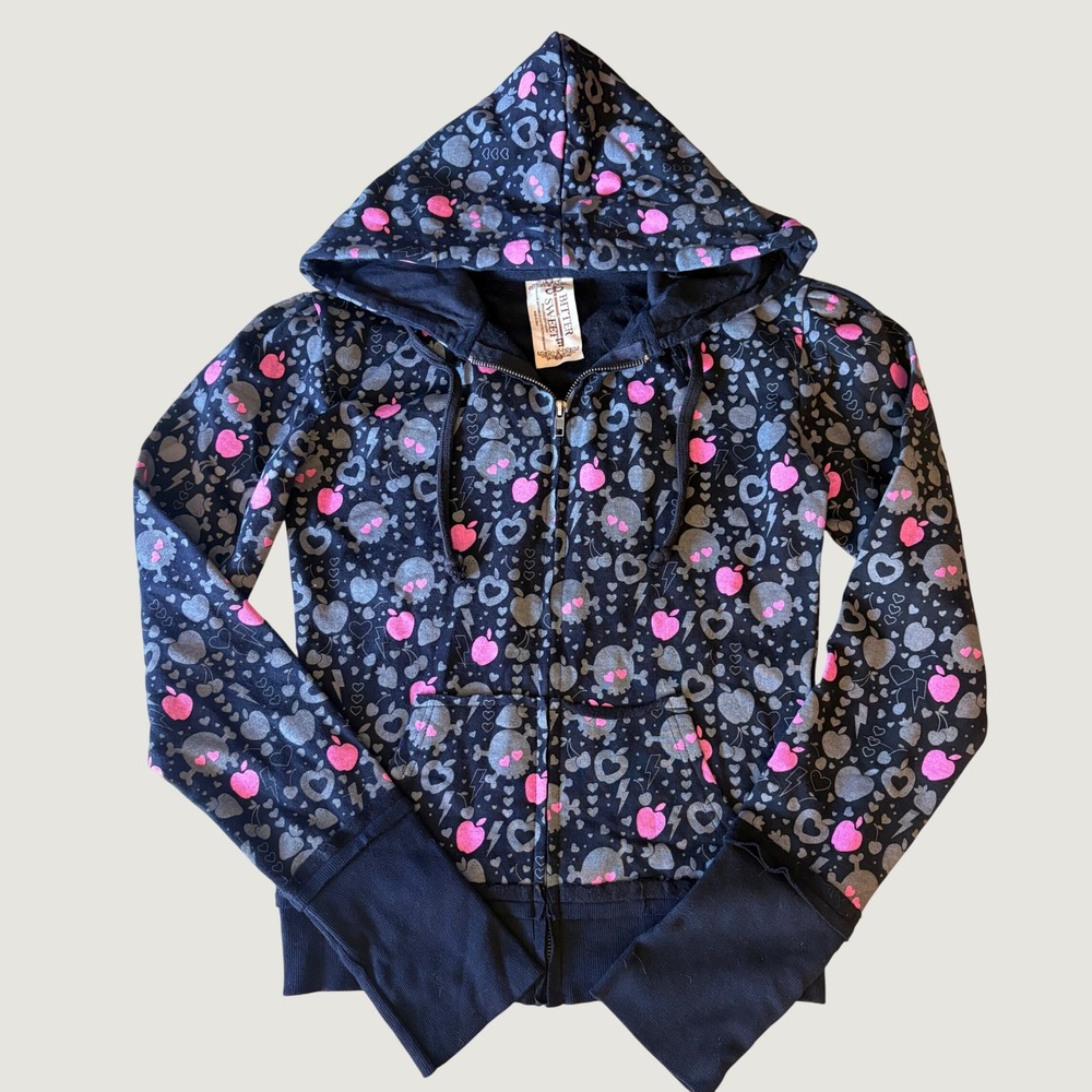 Y2K Rare Bitter Sweet Skulls Hearts Pink Apple Zip Up Hoodie Emo Scene #15
